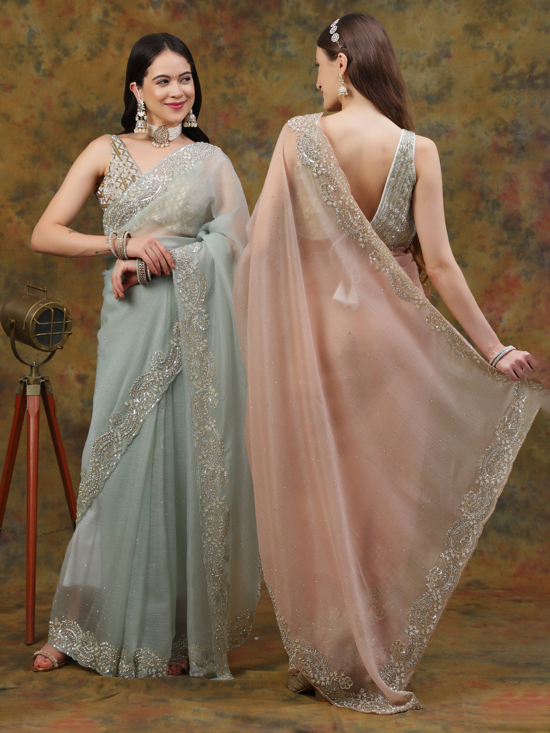 Peach Crepe Chiffon Saree