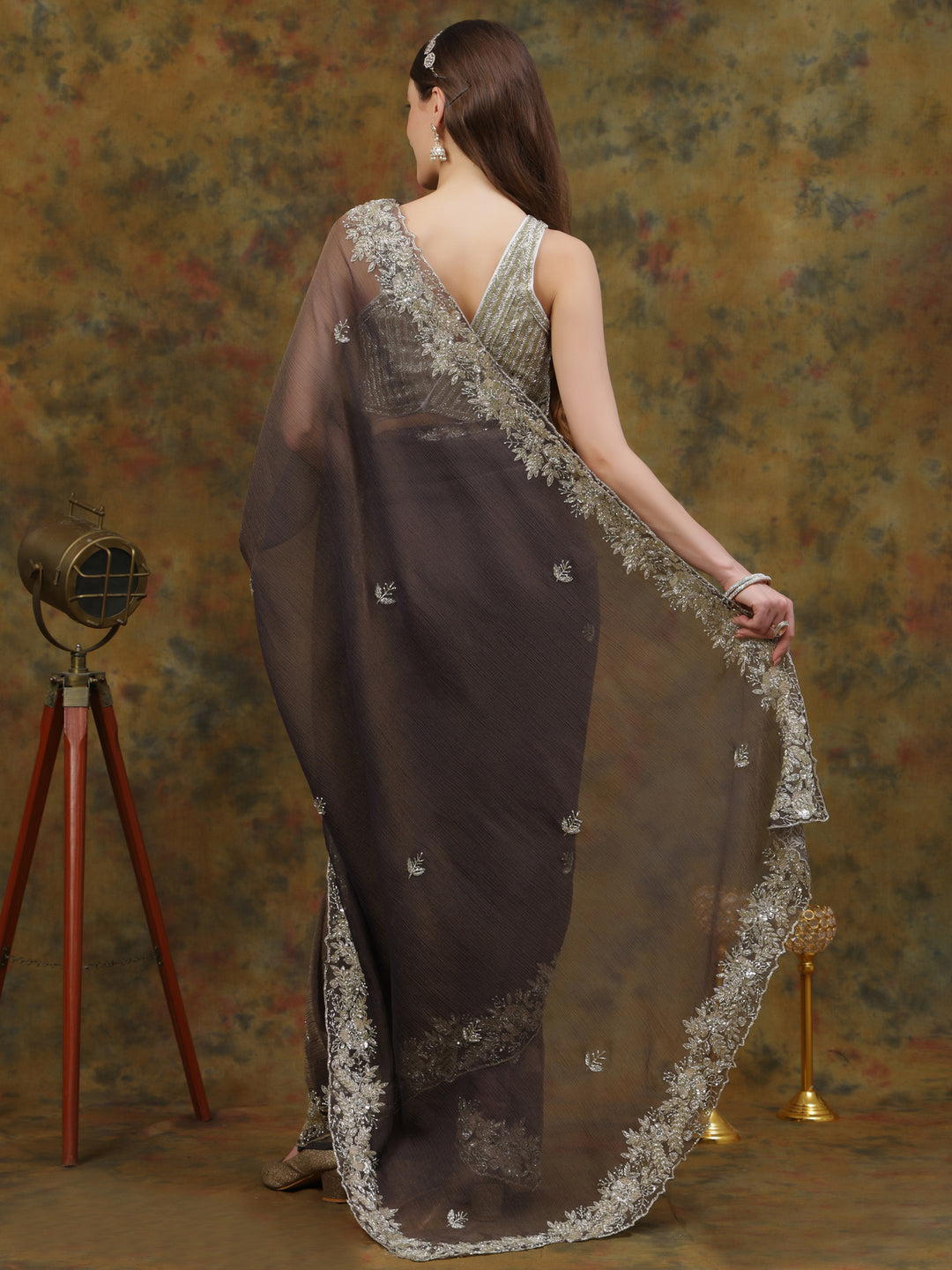 Charcoal Grey Crepe Chiffon Saree
