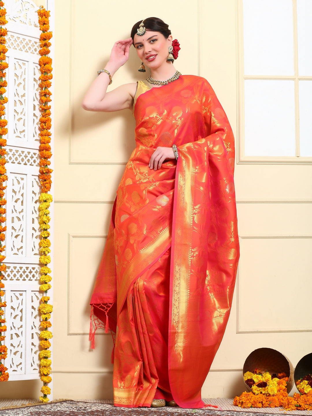 Flame Orange Banarasi Silk Saree