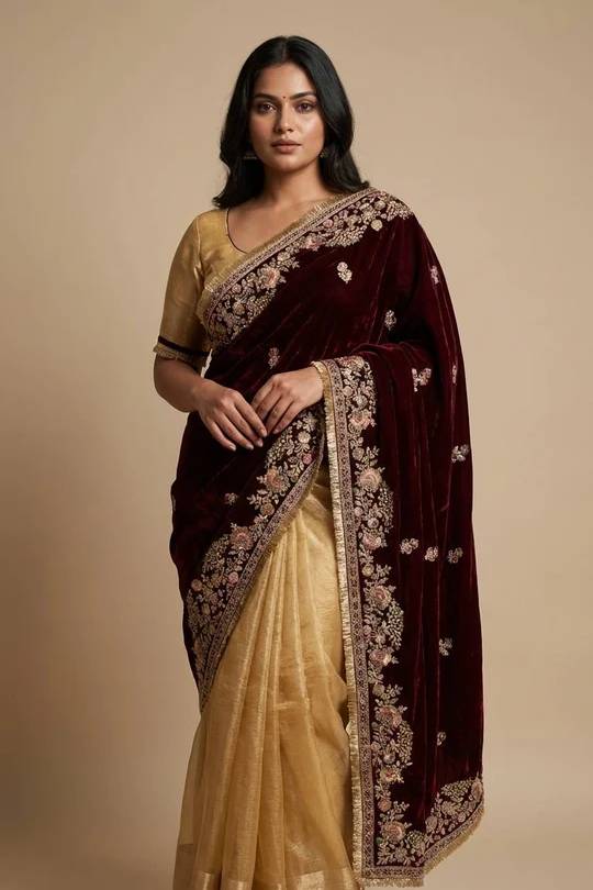 Gold Tissue & Velvet Saree