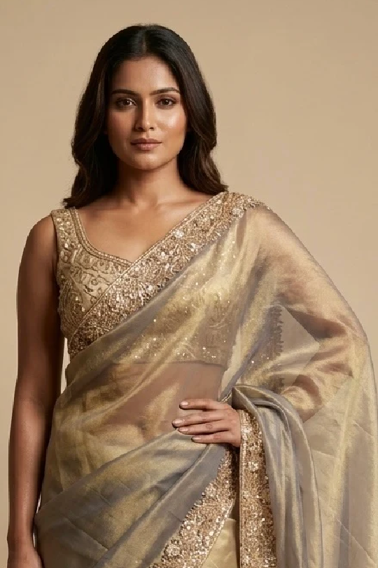 Leaf Grey Tissue Saree