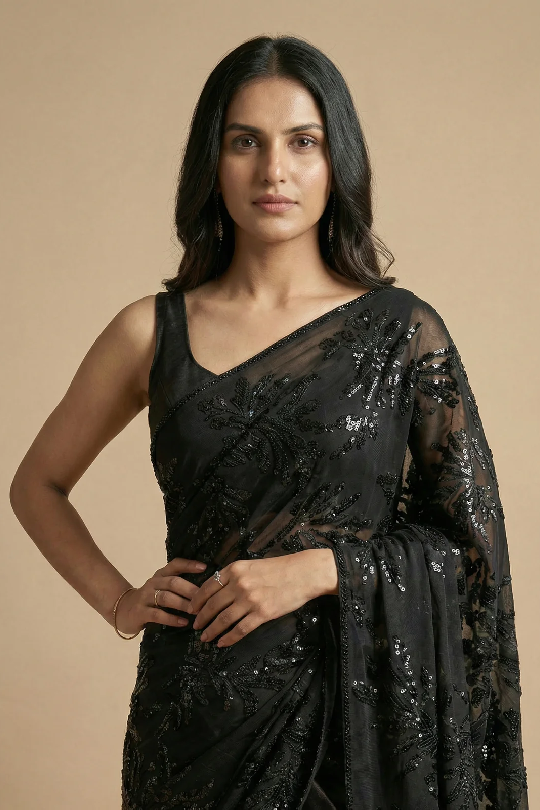 Black Pre-Drape Saree