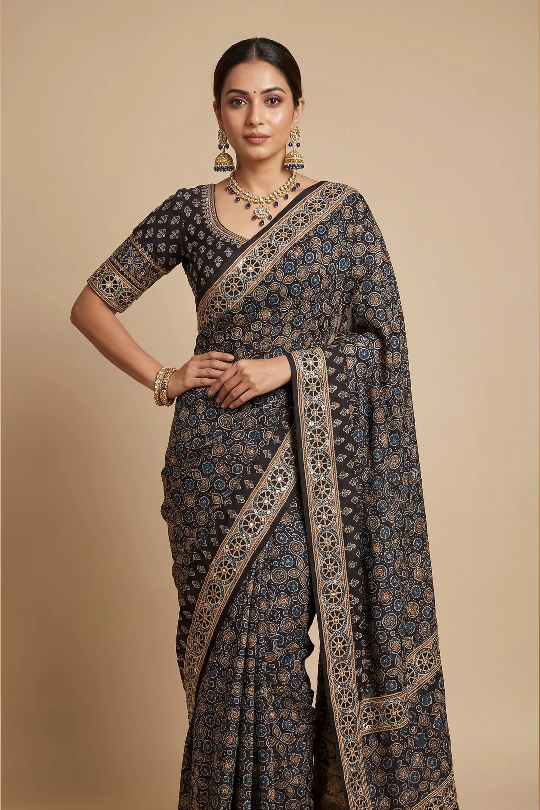 Black Ajrakh Saree
