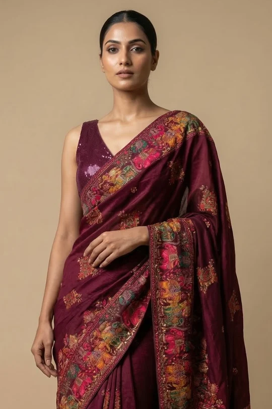 Wine Pashmina saree