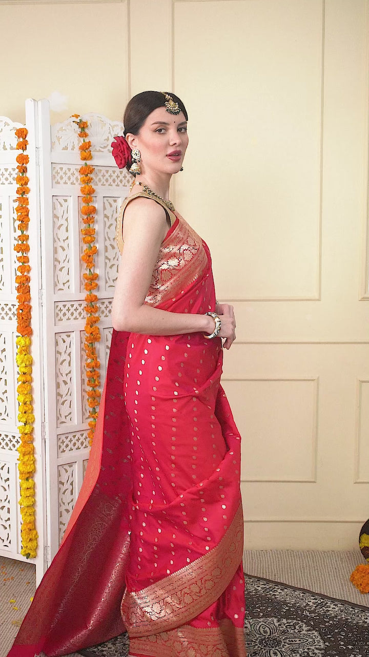 Ruby Red Banarasi Mashru Silk Saree