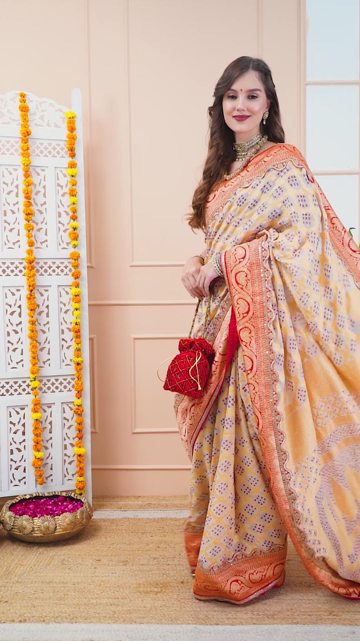 Beige and Red Khaddi Georgette Bandhej Saree
