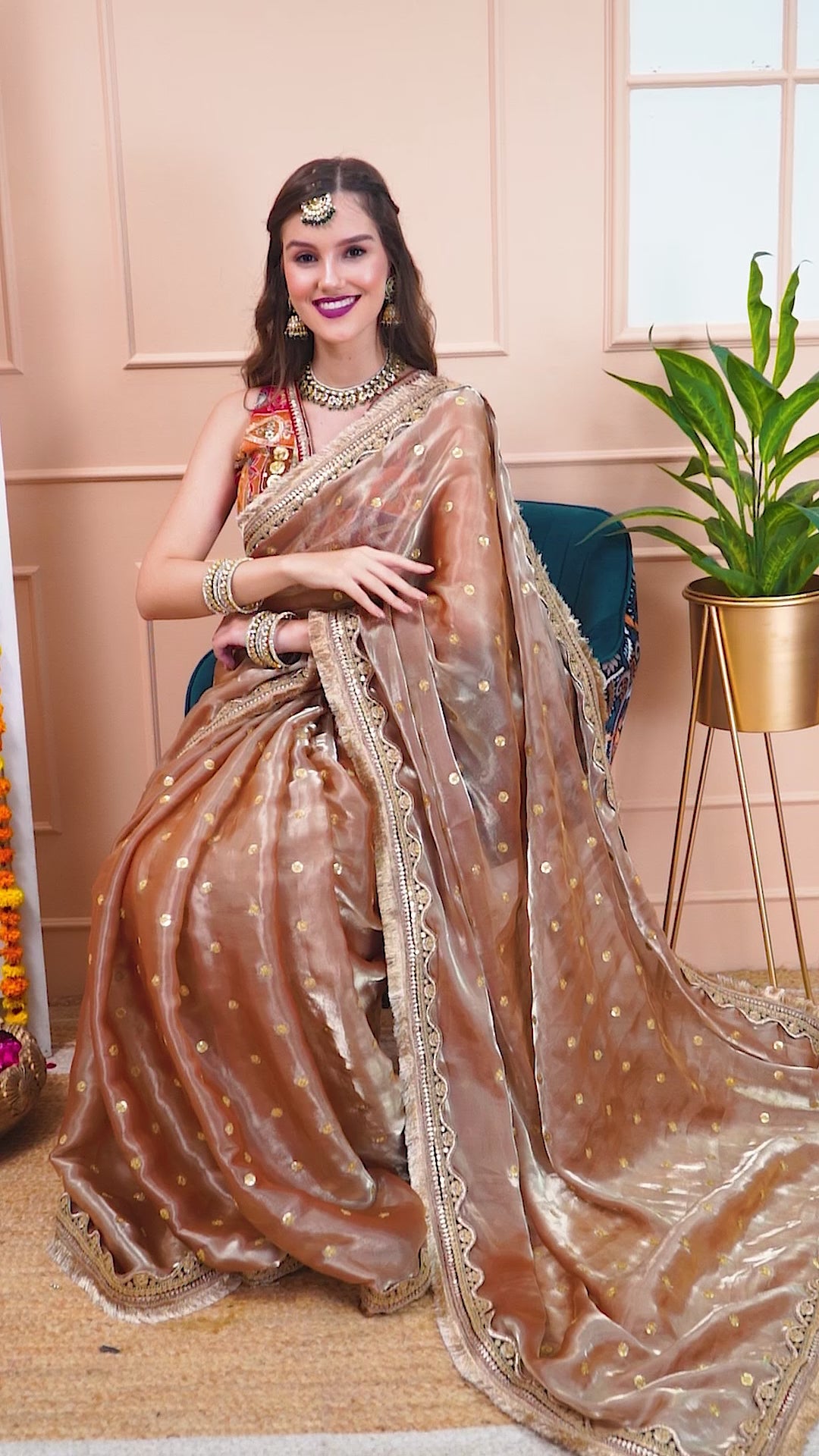 Peach Gold Tissue Saree