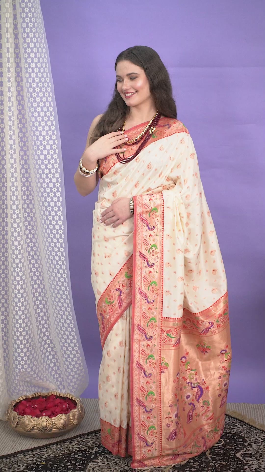 Cream Paithani Silk Saree