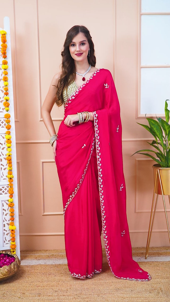 Ruby Red Satin Saree