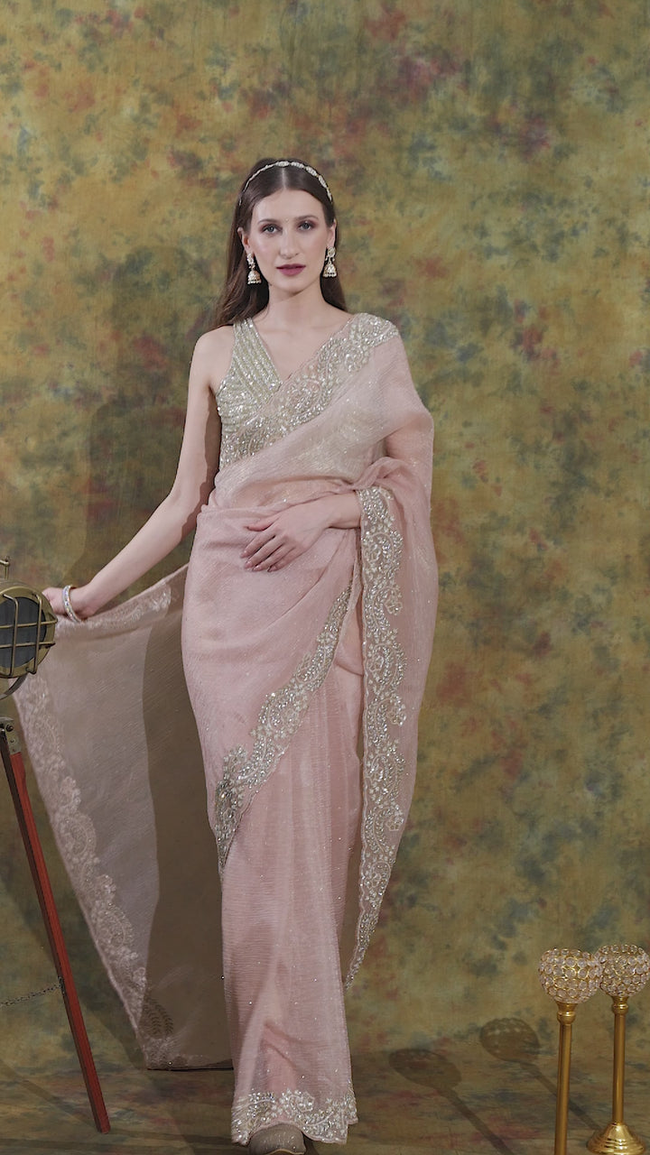 Peach Crepe Chiffon Saree